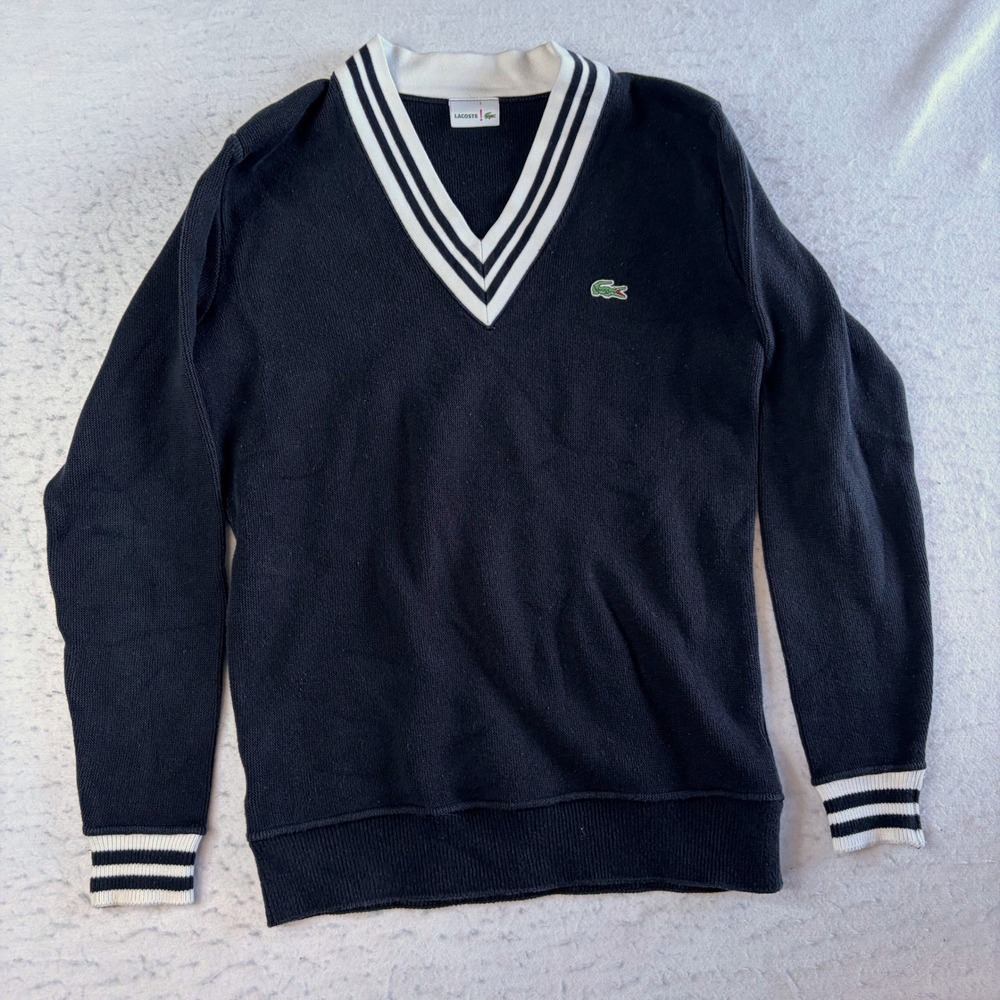 Lacoste V-Neck Sweater Mens 3 Black White Striped Trim Cricket Style Pullover